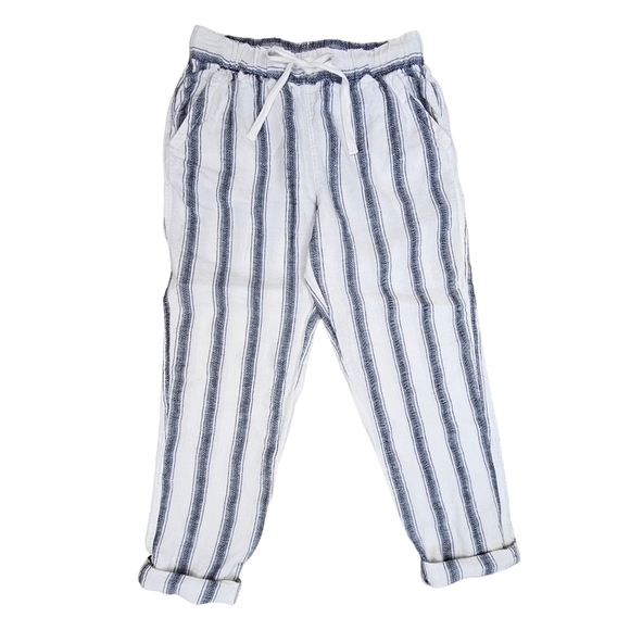 100% Linen Artisan NY Women's  White & Navy Striped Ankle Pants Size S - Picture 5 of 8